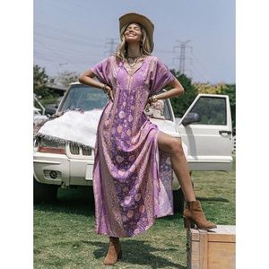 🌸 BOHO PURPLE PINK FLORAL ETHNIC TRIBAL LOOSE FIT MAXI DRESS!
